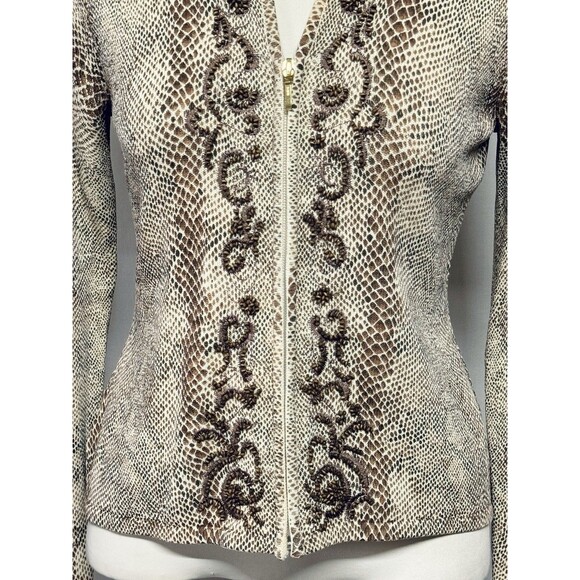 Bloomingdales Sweater Women's PS Petite Zip Up Cardigan Snakeskin Print w Beads - Picture 3 of 6